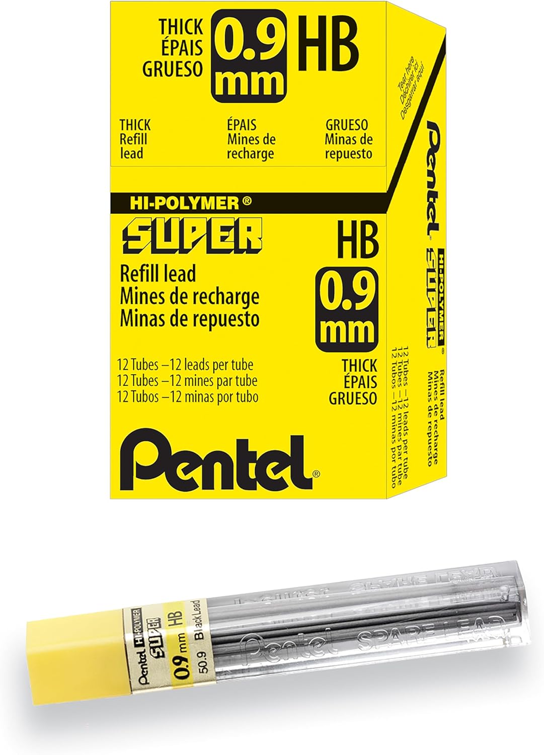 Pentel 0.9mm HB Thick, Super Hi-Polymer Lead Refills, 180 Pieces of Lead, 12 Tubes
