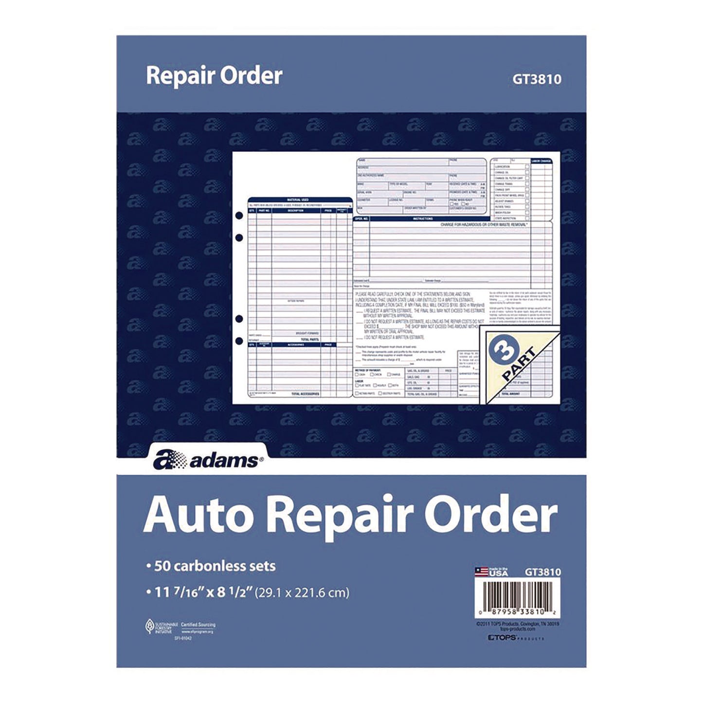 Adams 3 part Auto Repair Work Order Forms