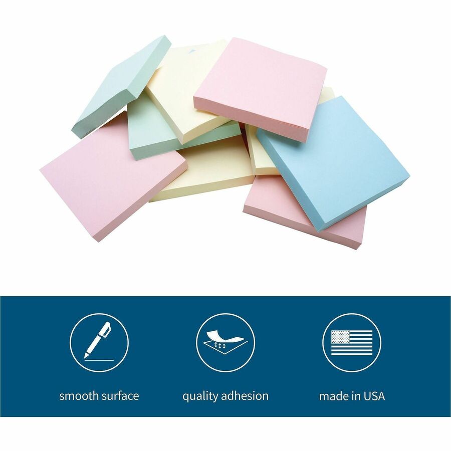 Business Source 3" x 3" Pastel Colors Adhesive Notes, 12 Pads