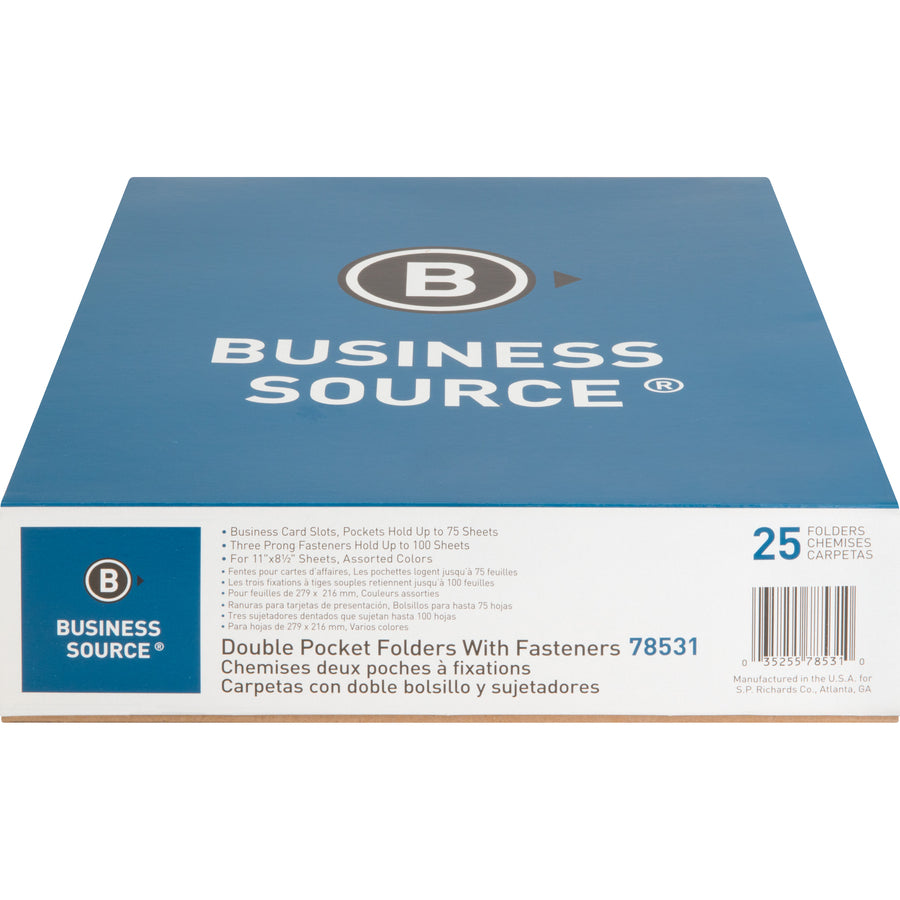 Business Source Letter Pocket Folders w/ Fasteners, Assorted