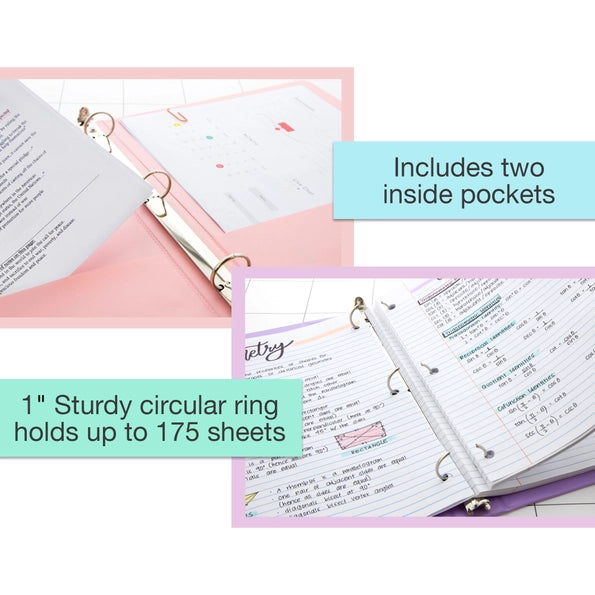 Bazic 1" 3-Ring View Binder w/ 2-Pockets, Assorted Pastel Colors