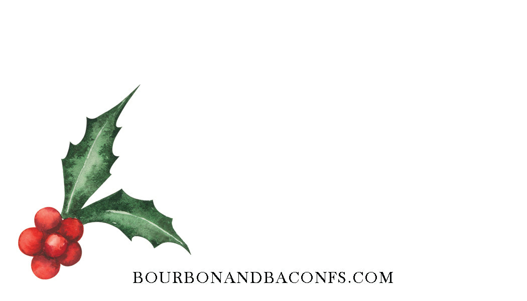 Holly leaf with red berries on a white background with 'bourbonandbaconfs.com' text.