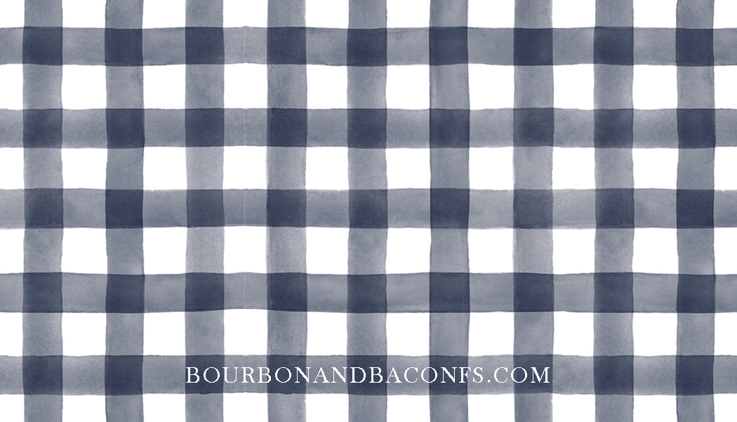 Blue and white checkered pattern with 'BourbonAndBacons.com' text.