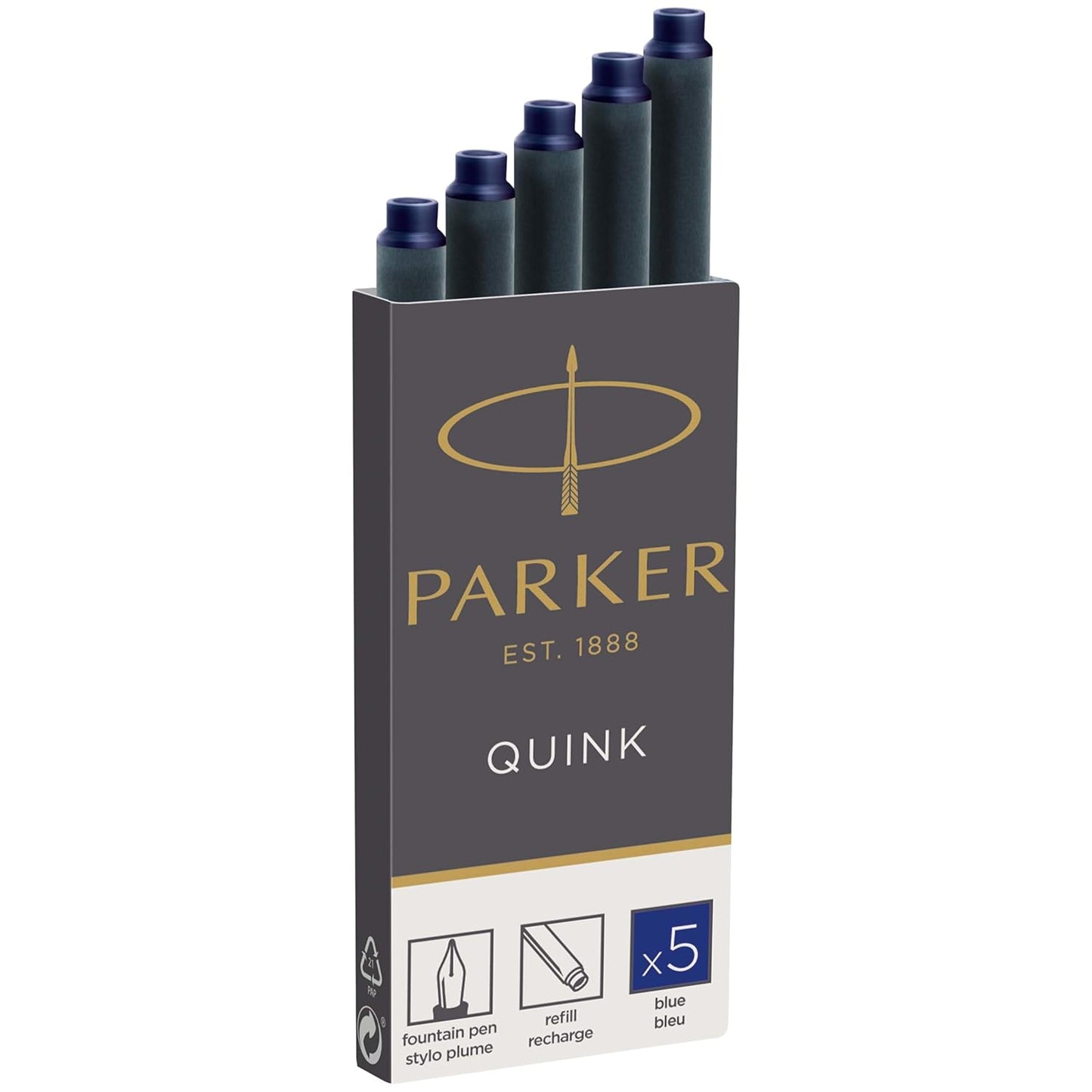 Parker Quink Washable Ink Fountain Pen Refill Cartridges, Black 5 pack