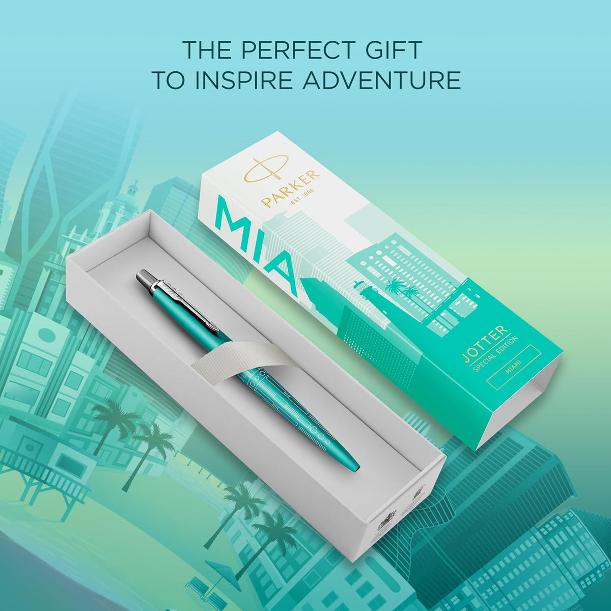 Parker Jotter Ballpoint Pen | Special Edition | Miami Turquoise with Chrome Trim | Medium Point | Blue Ink | Gift Box