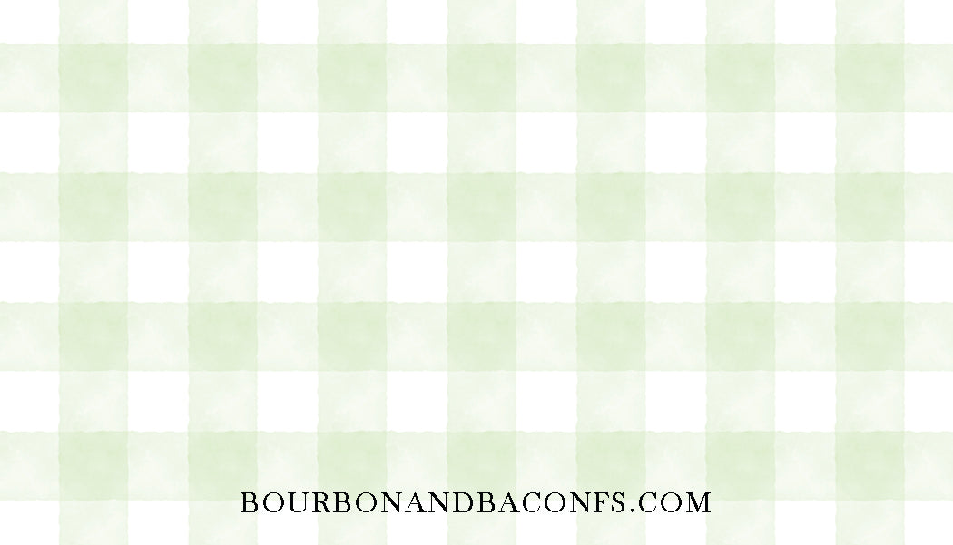Green and white checkered pattern with text 'BOURBONANDBACONFS.COM' at the bottom.