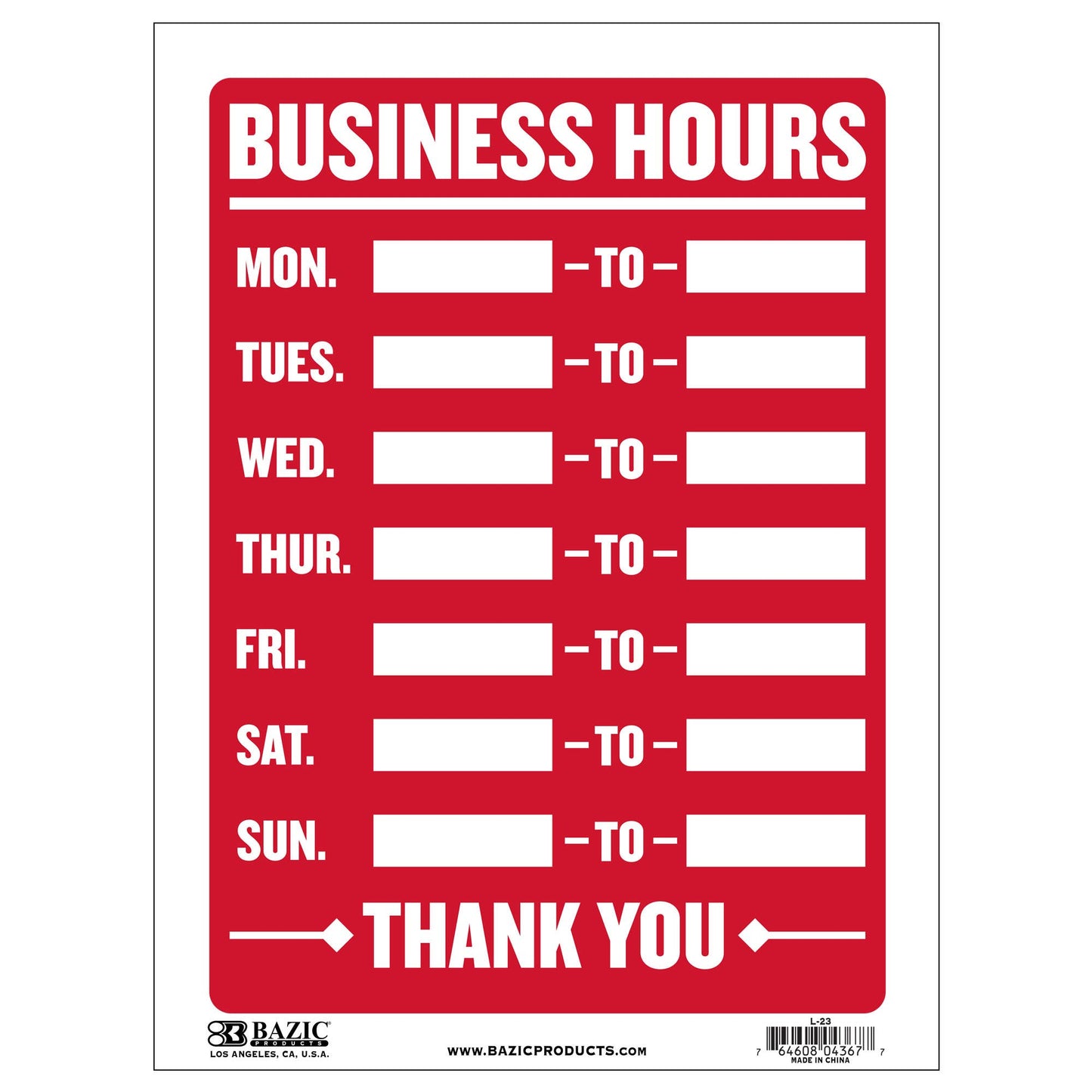 Business Hours Sign 12" X 16"
