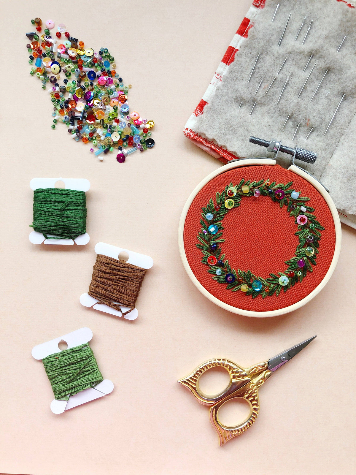 Holiday Wreath Ornament- DIY Beginner Hand Embroidery Craft Kit