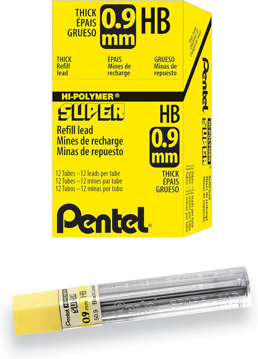 Pentel 0.9mm HB Thick, Super Hi-Polymer Lead Refills, 180 Pieces of Lead, 12 Tubes