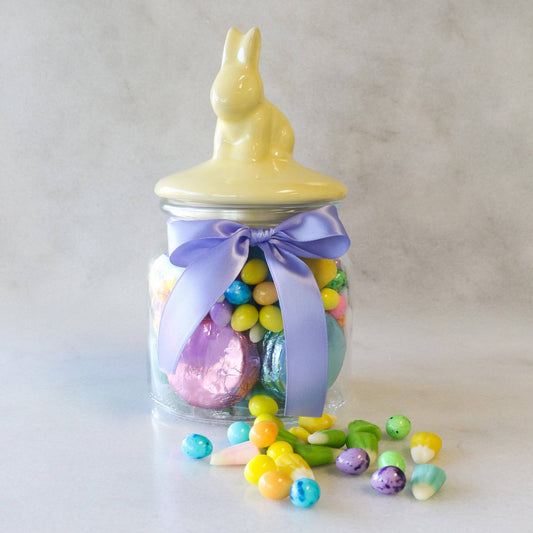 16oz Cookie & Candy Filled Glass & Yellow Ceramic Bunny Jar
