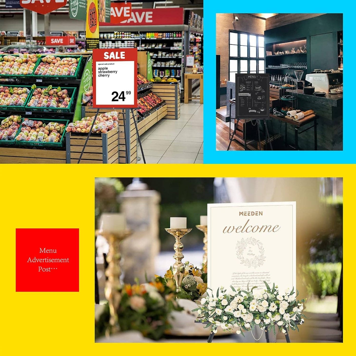 MEEDEN Beech Wood Display Wedding Easel Stand, Max Height 64'' Holds Up to 40"/11lb, Walnut Wooden A-Frame Tripod Studio Artist Floor Easel for Wedding Sign, Poster, Canvas, Show, Presenting