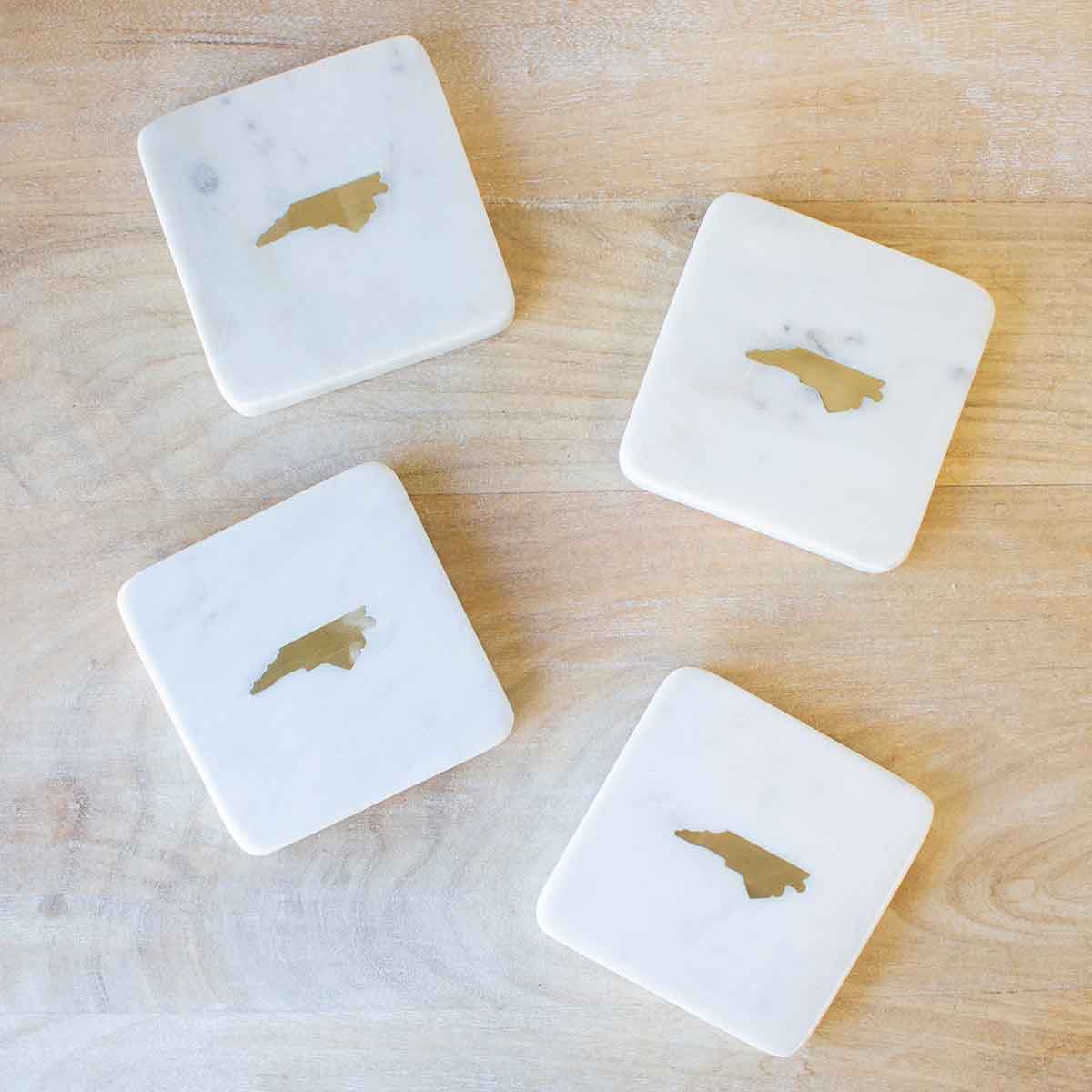 North Carolina Marble Coasters   White/Brass   4x4 Set of 4
