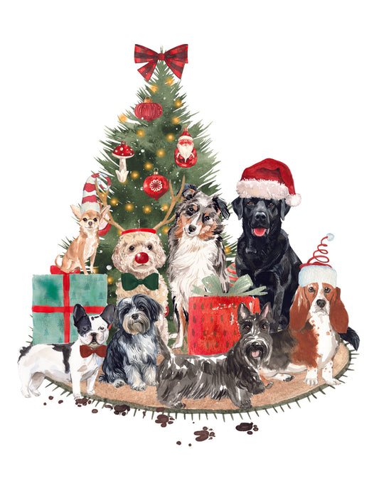 Illustration of dogs around a Christmas tree with ornaments and presents.