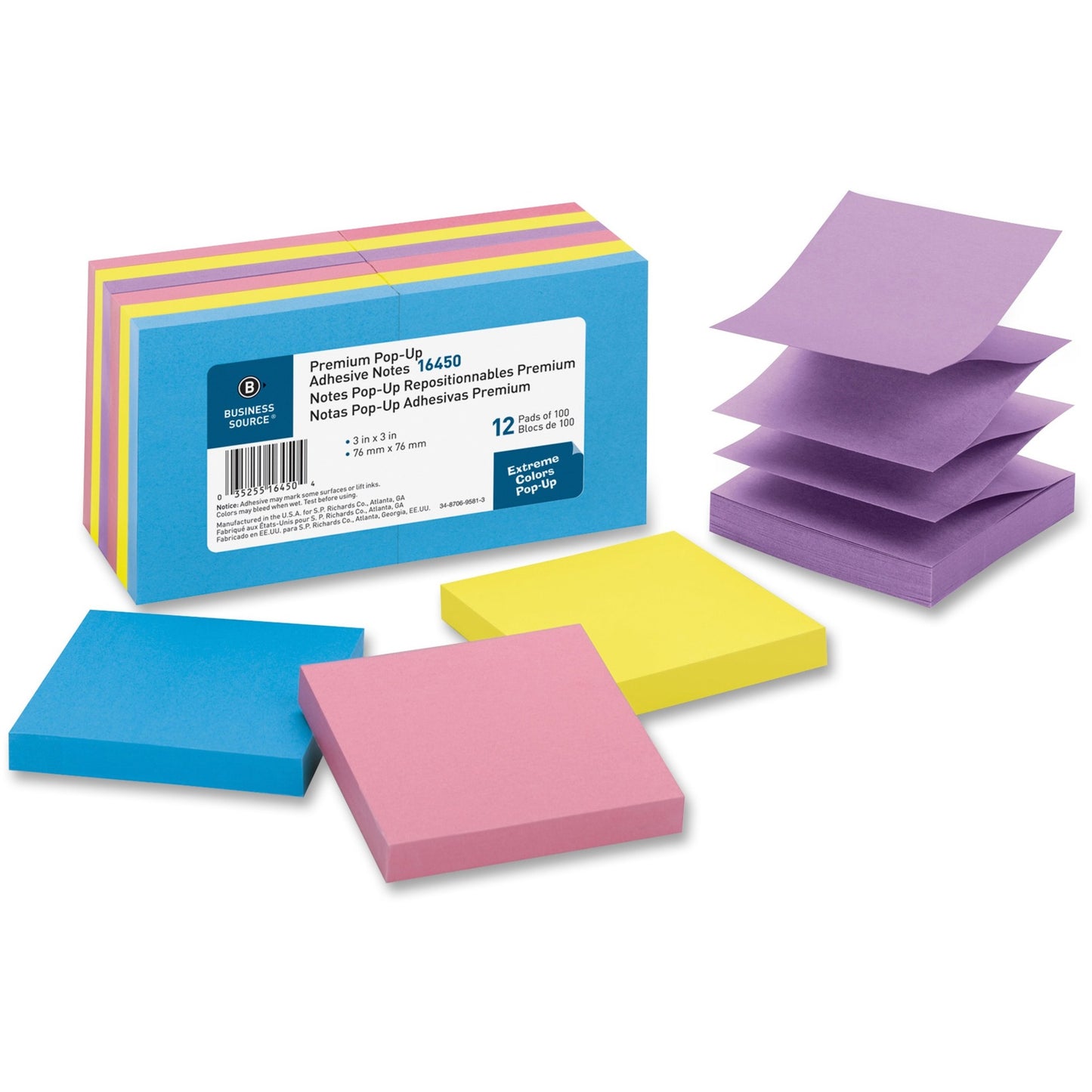 Business Source Extreme Colors Pop-up Adhesive Notes 12 pack