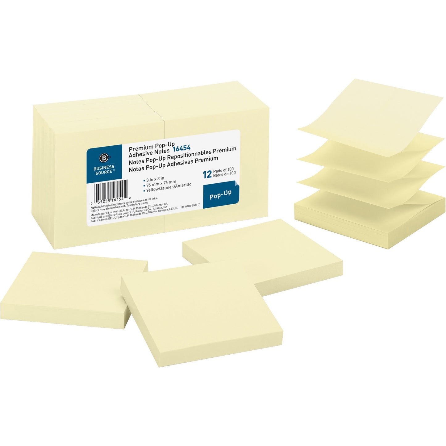 Business Source Premium Yellow Pop-up Adhesive Notes, 12 Pack