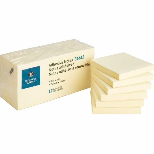 Business Source 36612 Yellow Adhesive Notes 3" x 3", 12 Pads