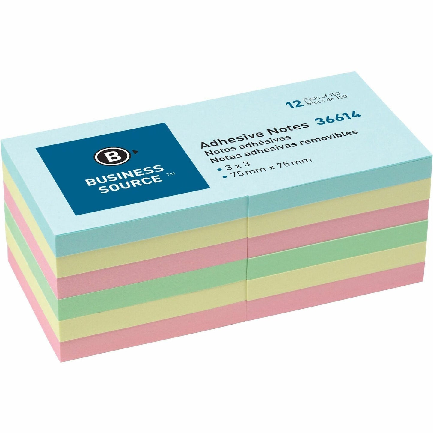 Business Source 3" x 3" Pastel Colors Adhesive Notes, 12 Pads
