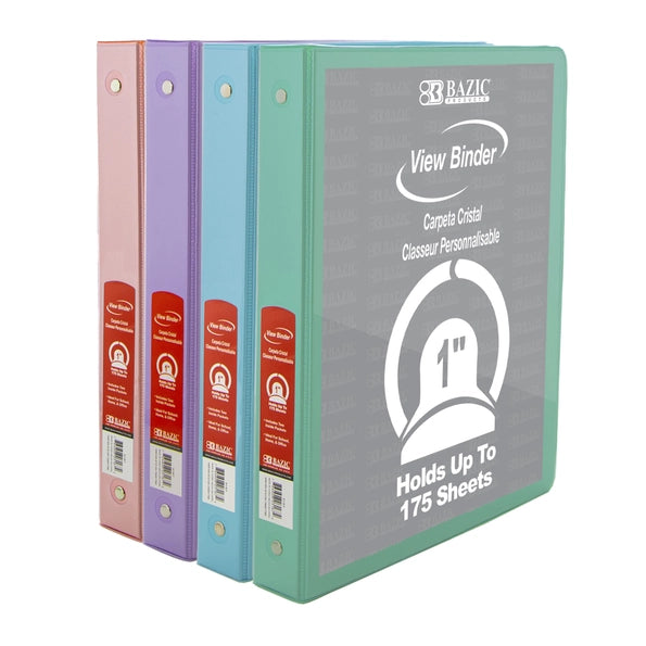 Bazic  1"  3-Ring View Binder w/ 2-Pockets, Assorted Pastel Colors