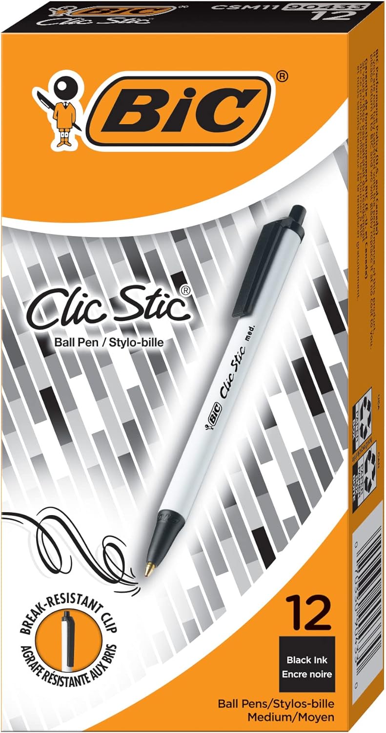 BIC Clic Stic Black Retractable Ballpoint Pens, Medium Point (1.0mm), 12-Count Pack