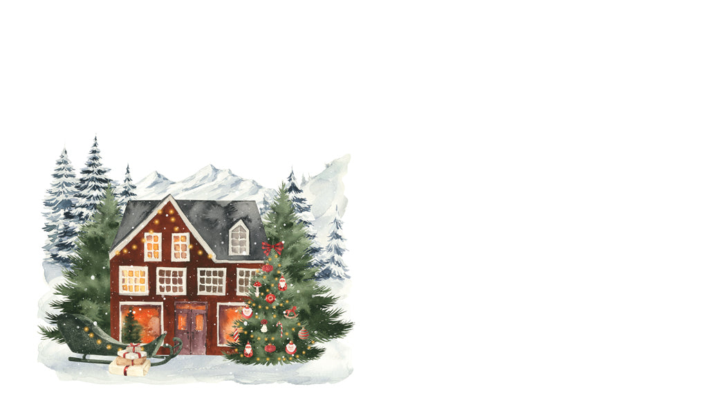 Illustration of a cozy house with Christmas decorations in a snowy landscape.