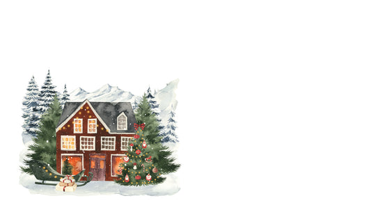 Illustration of a cozy house with Christmas decorations in a snowy landscape.