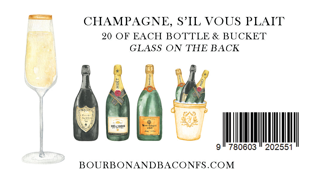 Promotional graphic for champagne with bottles, a glass, and a bucket on a white background.