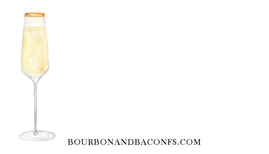 Champagne flute on a white background, featuring the brand 'Bourbonandbaconfs.com'.