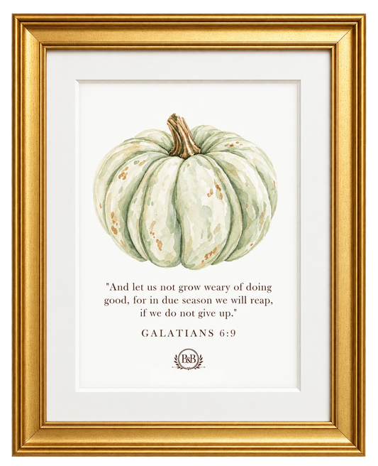 Autumn Cozy Cottage Wall Art Print - Green Heirloom Pumpkin with Bible Verse