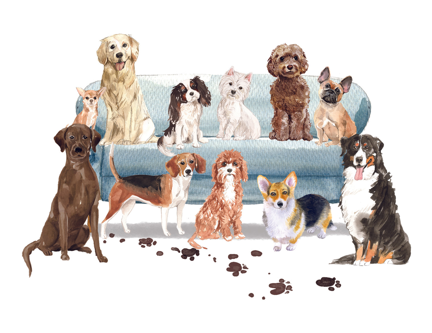 Illustration of various dogs on a couch with paw prints on the floor.
