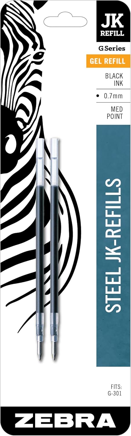 Zebra Pen G-301 Stainless Steel Pen JK-Refill, Med Point, 0.7mm, Black Ink, 2-Count