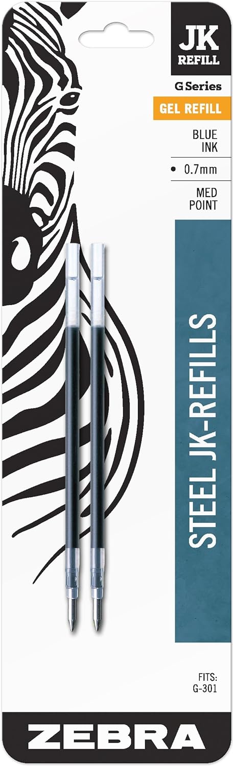 Zebra Pen G-301 Stainless Steel Pen JK-Refill, Med Point, 0.7mm, Blue Ink, 2-Count