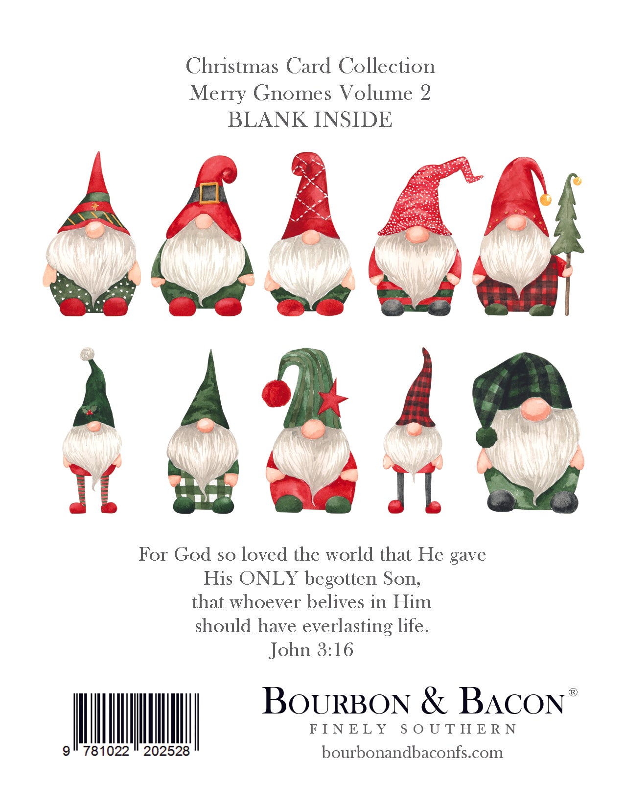 Christmas card collection with gnomes featuring a religious quote, brand name, and barcode.