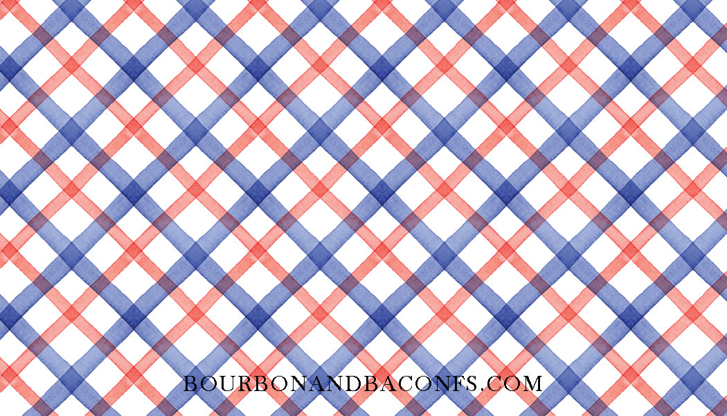 Red, white, and blue plaid pattern with 'bourbonandbacones.com' text.