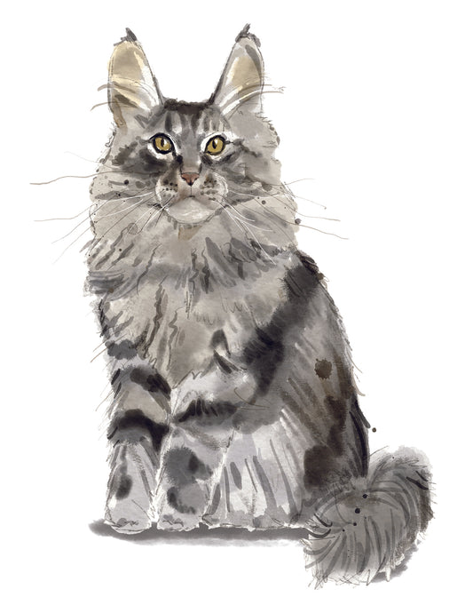 Illustration of a gray cat with black spots on a white background
