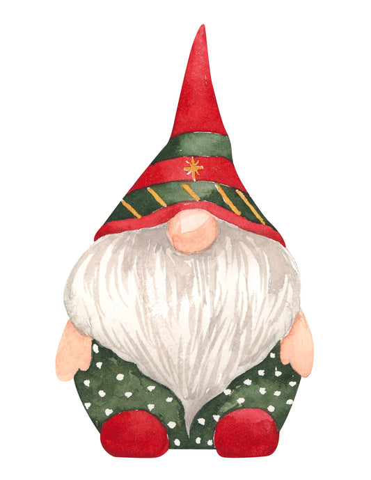 Christmas-themed gnome figurine with a red hat and green pants on a white background