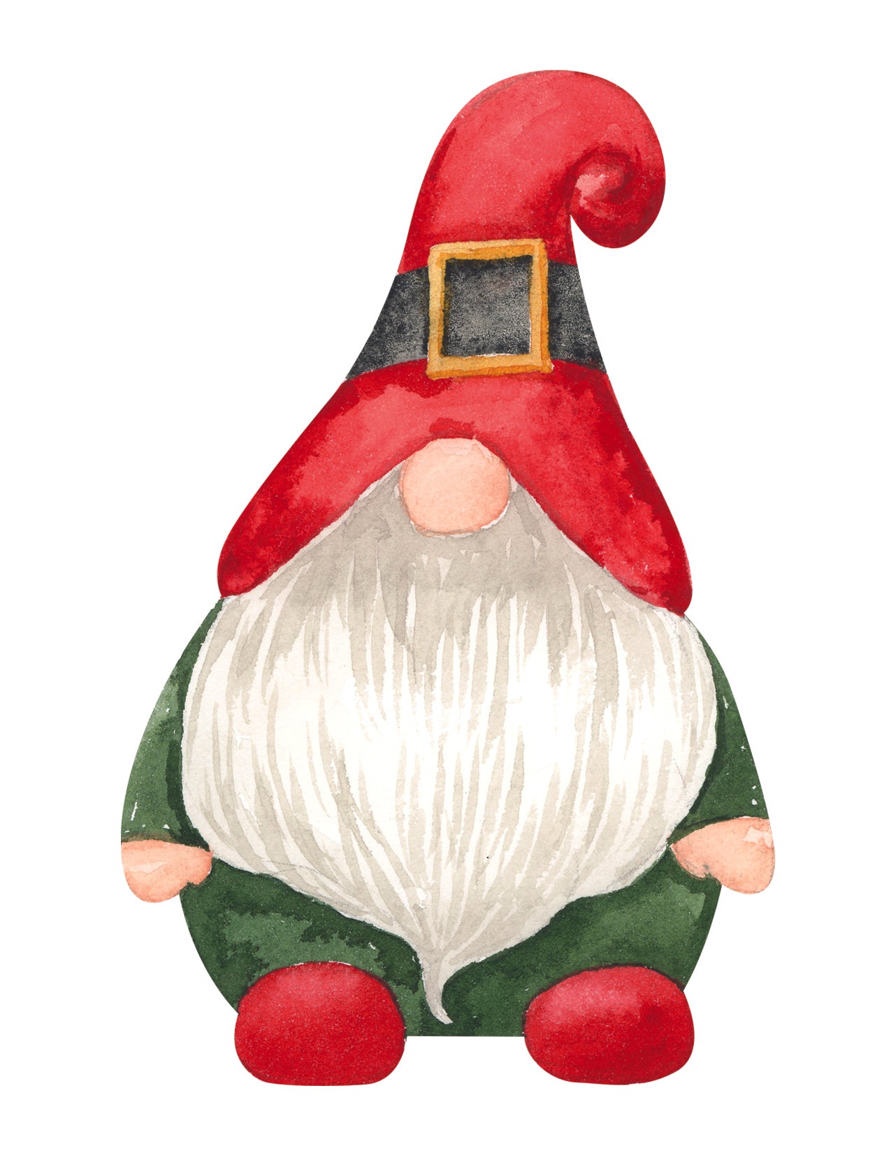 Illustration of a gnome with a red hat, white beard, and green clothing on a white background