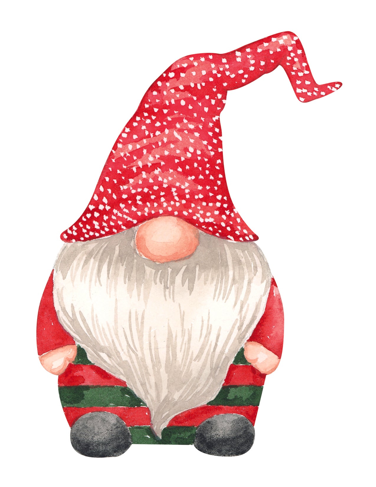 Decorative gnome with a red hat and striped pants on a white background