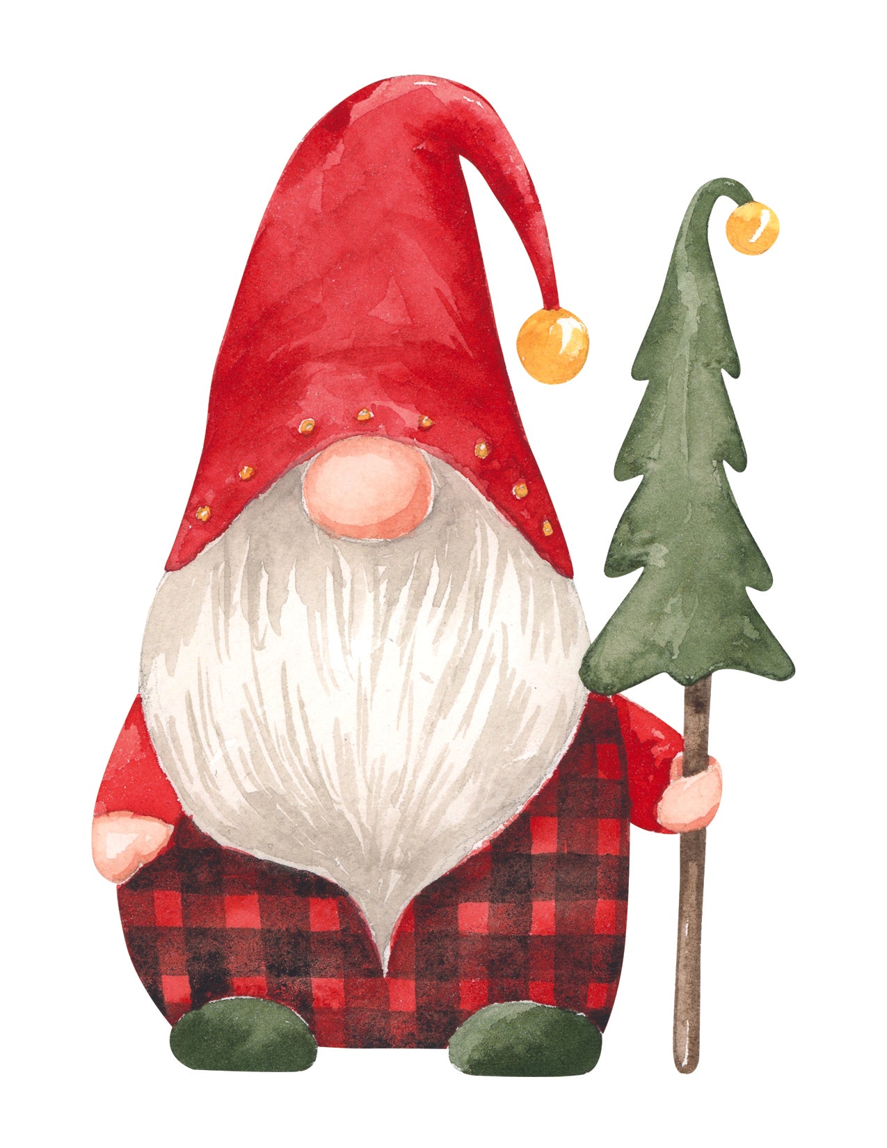 Gnome with a red hat and plaid outfit holding a green tree on a white background