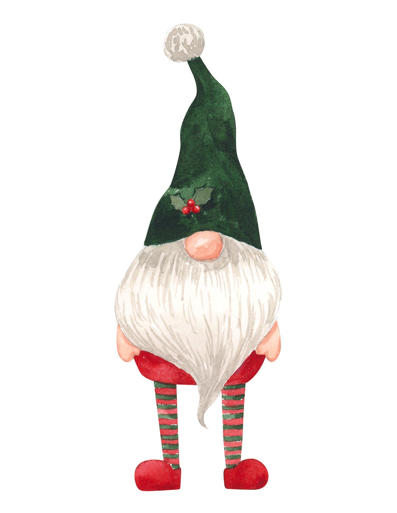 Christmas-themed gnome with green hat, red pants, and striped socks on a white background