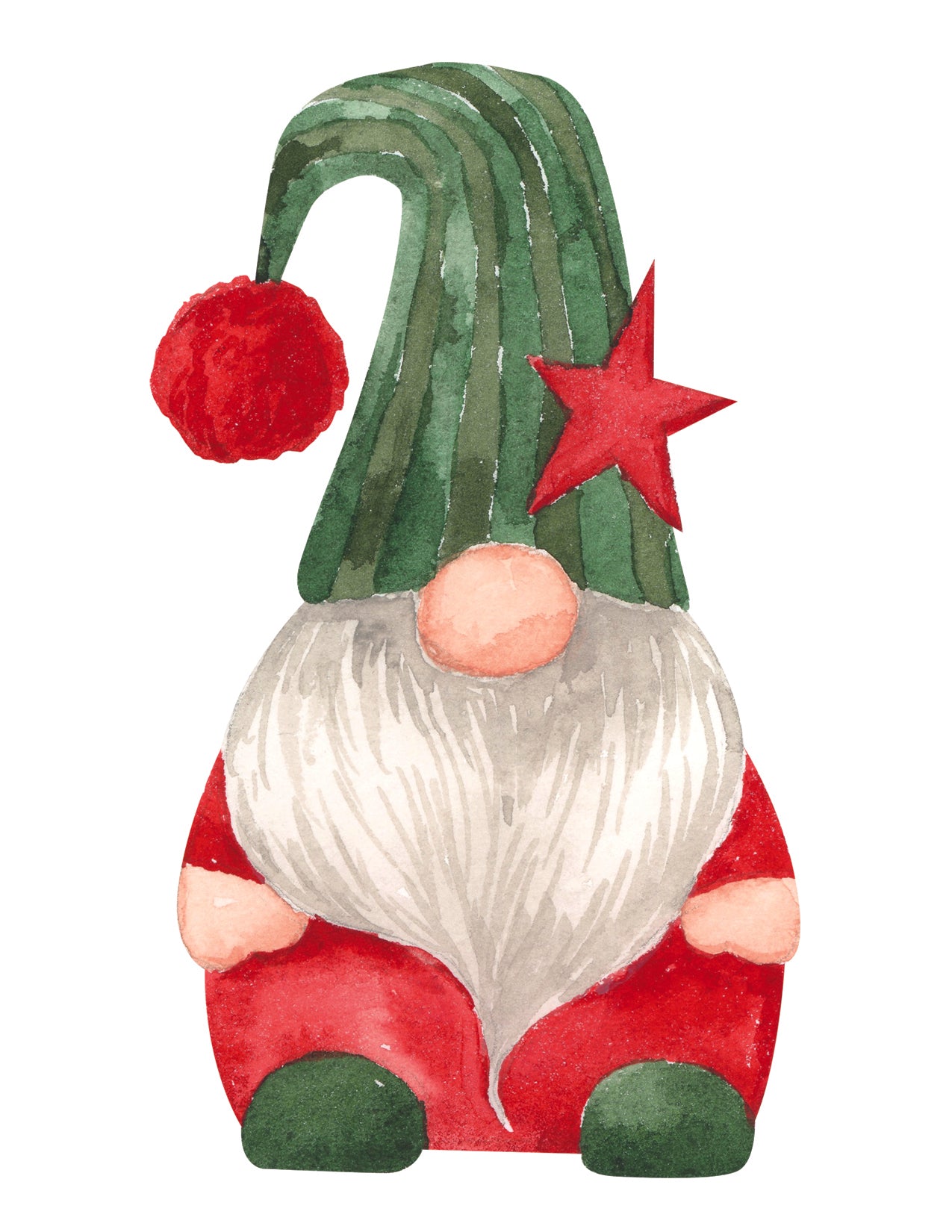 Christmas-themed gnome figurine with green hat and red star on a white background