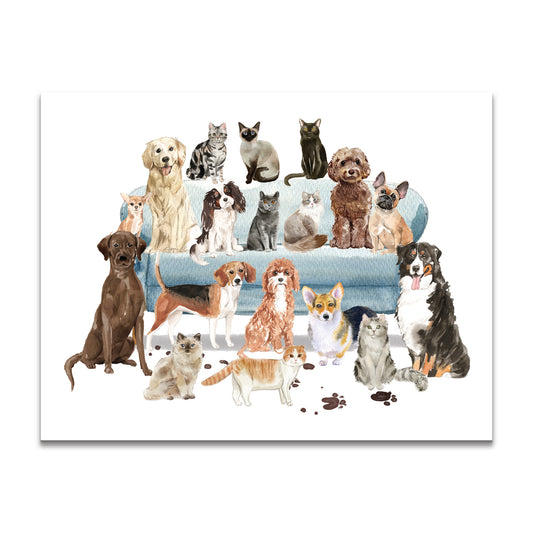 Dogs & Cats on a Sofa Watercolor Note Card - Set of 10 with Envelopes
