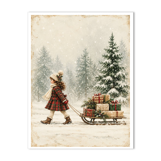A vintage-style Christmas art print featuring a young girl in a plaid coat pulling a sled loaded with wrapped gifts through a snowy forest. The print has an aged, distressed border and is shown against a plain white background.