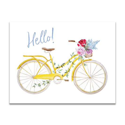 Yellow bicycle with a basket of flowers and 'Hello!' text on a white background