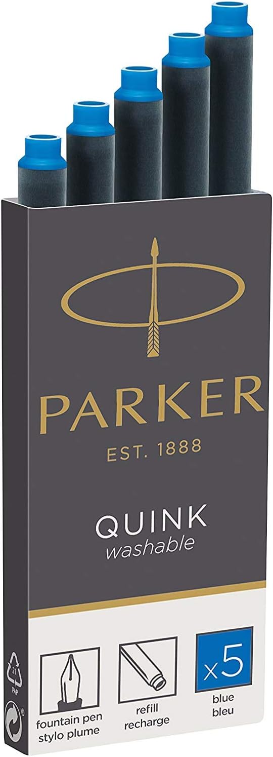 Parker Quink Washable Ink Fountain Pen Refill Cartridges, Blue 5 pack