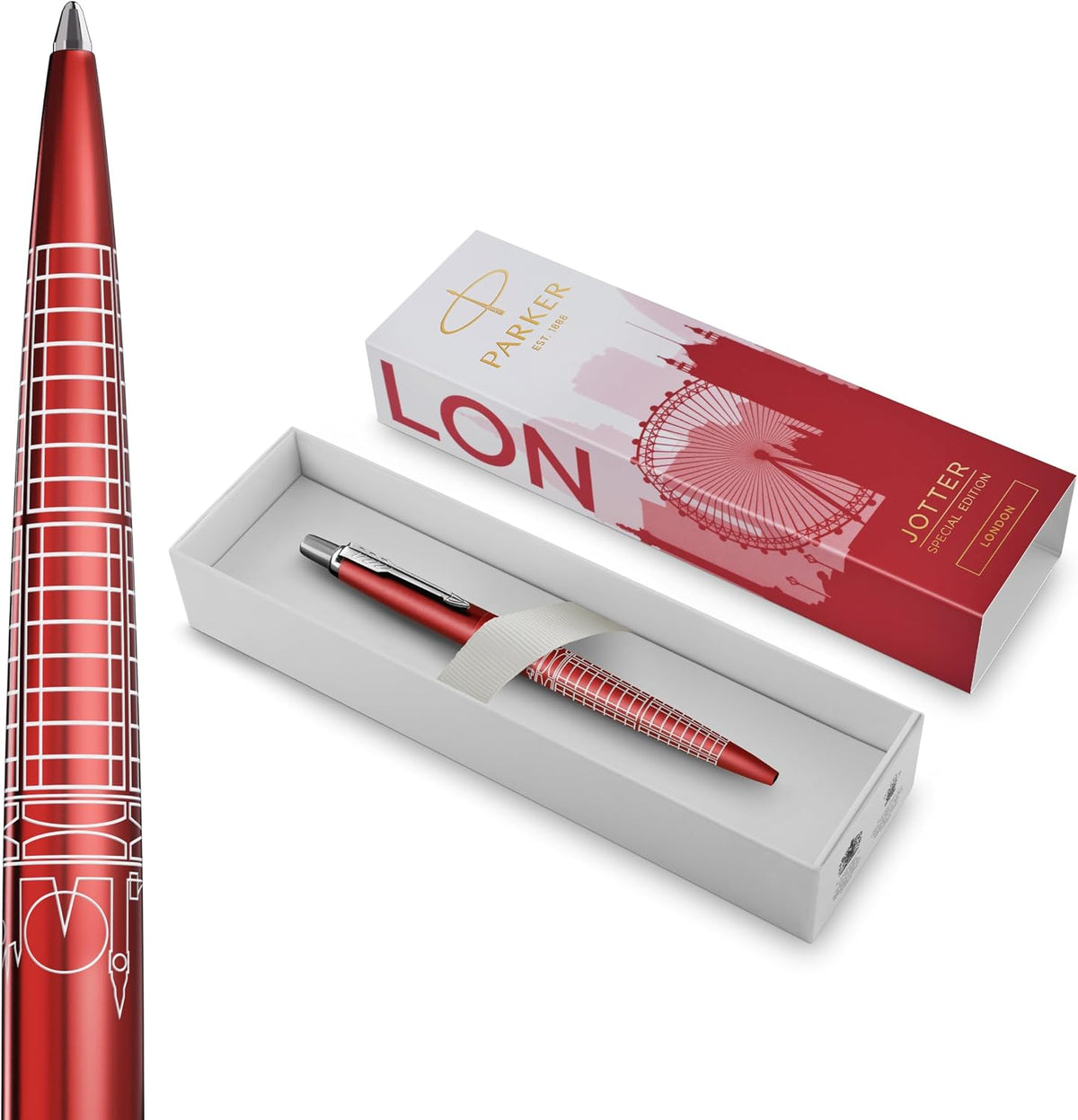 Parker Jotter Ballpoint Pen | Special Edition | London Red with Chrome Trim | Medium Point | Blue Ink | Gift Box