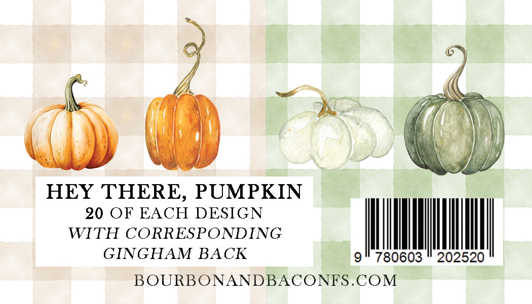 Pumpkin and gourd illustrations with text and a barcode on a checkered background