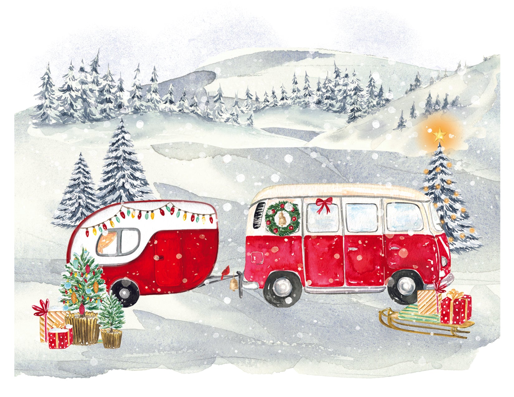 Red camper van with a trailer in a snowy landscape