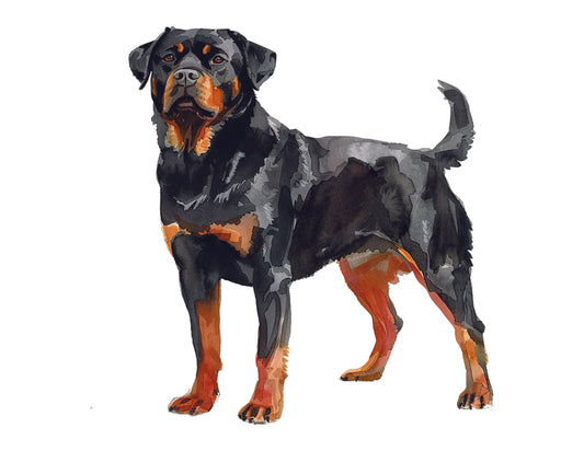 Artistic illustration of a Rottweiler dog on a white background