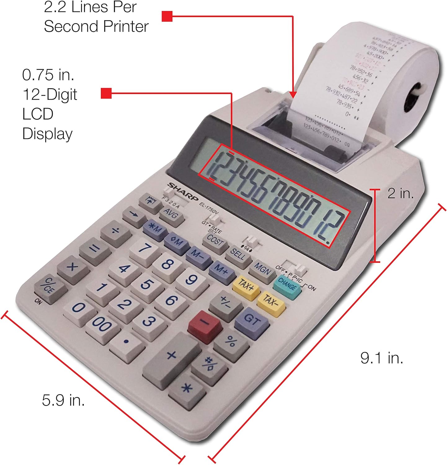Sharp EL-1750V Two-Color Printing Calculator, 3" Black/Red