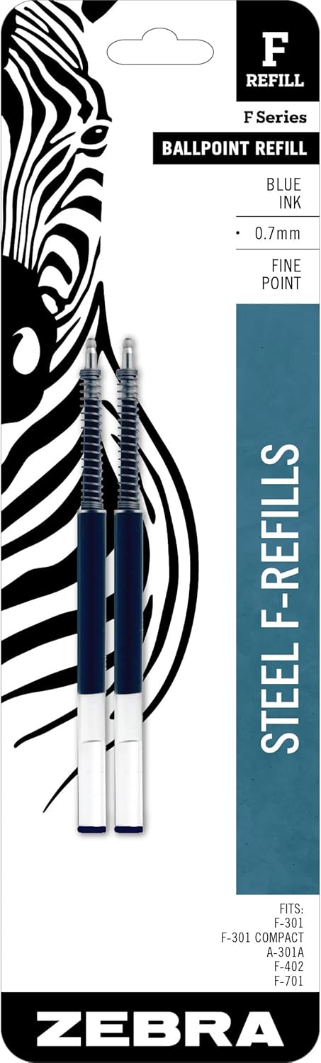 Zebra Pen Steel, F-Refill Ballpoint Ink Refills, 0.7mm Med Point, Blue Ink
